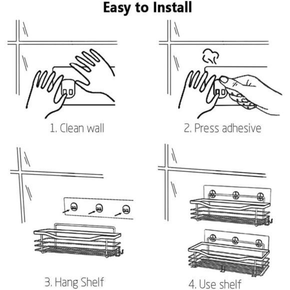 Shower Caddy Basket Shelf with 5 Hooks Adhesive Organizer Storage Rack Rustproof - Picture 6 of 7